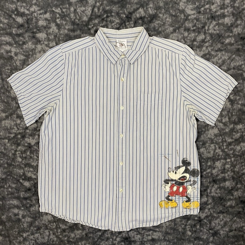 Disney Store Mickey Mouse Button Up Shirt Mens Size M Short Sleeve Striped